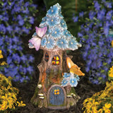 Solar LED Butterfly Blue Daisies Fairy House Garden Sculpture