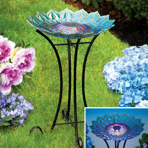 Solar Peacock Feathers Birdbath