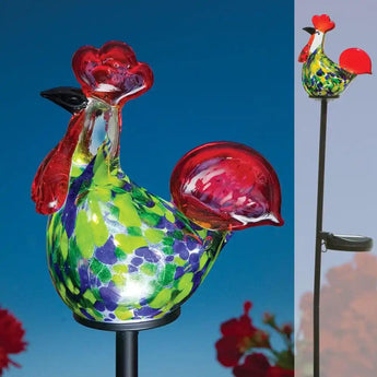 Blown Glass Rooster Solar LED Garden Stake