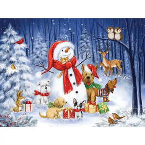 Snowman with Dogs In the Woods Jigsaw Puzzle