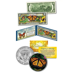 Monarch Butterfly $2 Bill and JFK 50 Cent Piece